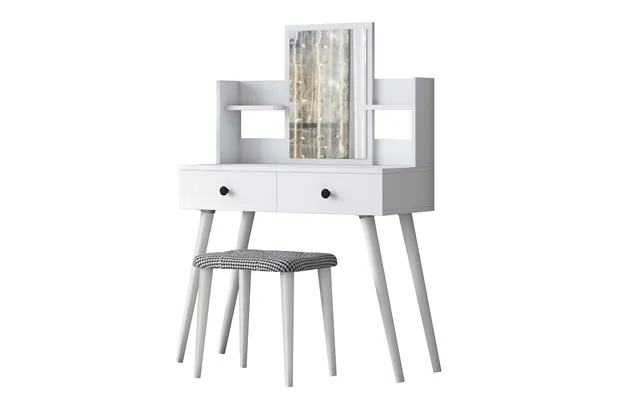 Nordvärk Bj102 2235 Makeup Bord, M. Spejl, 2 Hylder, 2 Skuffer Og Skammel - Hvid Melamin 103x40