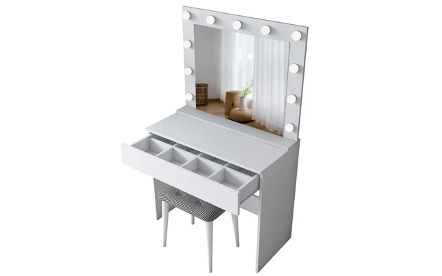 Nordvärk Bj121 2934 Makeup Bord, M. Spejl, 11 Lyspærer, 1 Skuffe Og Skammel - Hvid Melamin 90x45