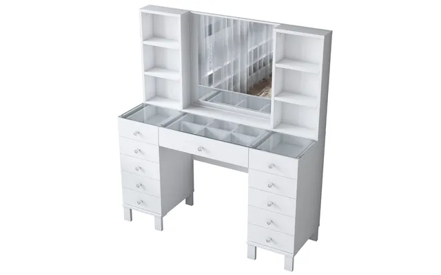 Nordvärk Bj136 3846 Makeup Bord, M. Spejl, 4 Hylder Og 11 Skuffer - Hvid Melamin 120x40