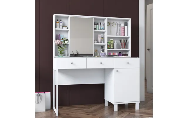 Nordvärk Bj138 3442 Makeup Bord, M. Spejl, 8 Hylder, 2 Låger Og 3 Skuffer - Hvid Melamin 120x40