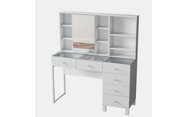 Nordvärk Bj140 3831 Makeup Bord, M. Spejl, 9 Hylder, 1 Låge Og 6 Skuffer - Hvid Melamin 120x40