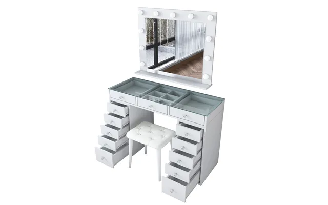 Nordvärk Bj156 3872 Makeup Bord, M. Spejl, Lys, 13 Skuffer Og Skammel - Hvid Melamin 120x44,5