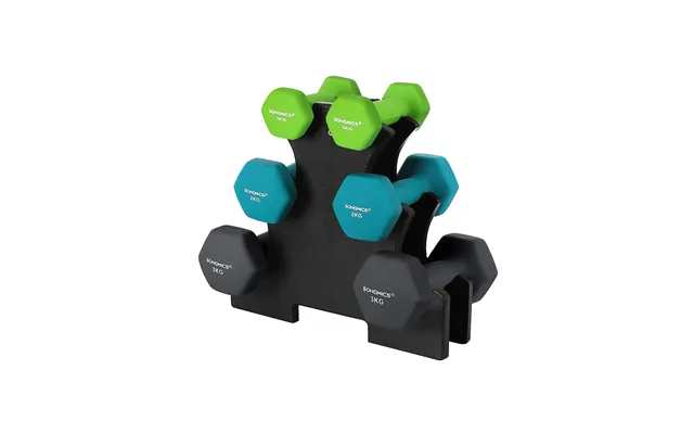 Songmics Syl612g02 Håndvægt, M. Stativ, Sekskantet - Mat Lime, Blågrøn Og Mørkegrå Neopren 2x1kg, 2x2kg, 2x3kg Sæt Med 6