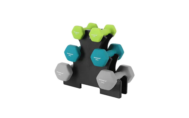 Songmics Syl612gn Håndvægt, M. Stativ, Sekskantet - Mat Lime, Blågrøn Og Lysegrå Neopren 2x1kg, 2x2kg, 2x3kg Sæt Med 6