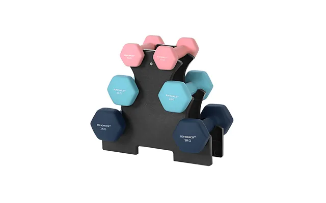 Songmics Syl612mk Håndvægt, M. Stativ, Sekskantet - Mat Pink, Aqua Og Blå Neopren 2x1kg, 2x2kg, 2x3kg Sæt Med 6