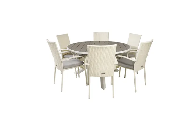 Venture Design Havesæt M. Parma Bord Ø140 Og 6 Anna Stole M. Armlæn - Hvid Rattan Alu Grå Aintwood