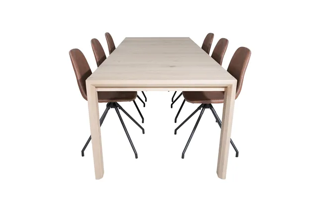 Venture Design Slider Spisebordssæt, M. 6 Stole - Hvidvasket Egefiner Eg Og Brun Pu Sort Metal