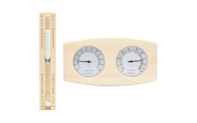 2-i-1 Saunasæt I Massivt Fyrretræ - Hygrometer, Termometer Og 15-minutters Timeglas