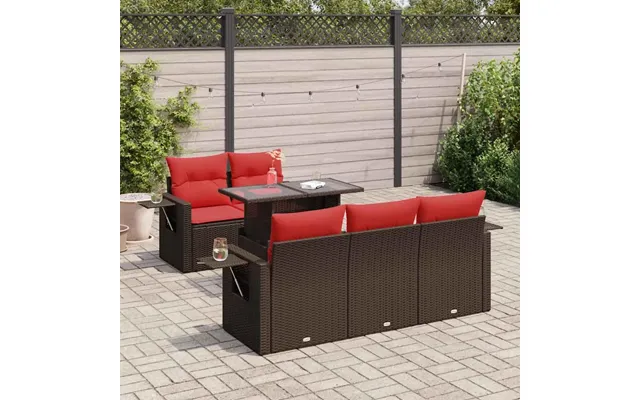 Havesofasæt 6 Dele Med Hynder I Polyrattan - Brun, Med Bord Og Opbevaring