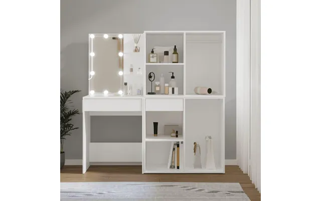 Makeupbord Med Led-lys Og 2 Skabe - Hvid, Konstrueret Træ