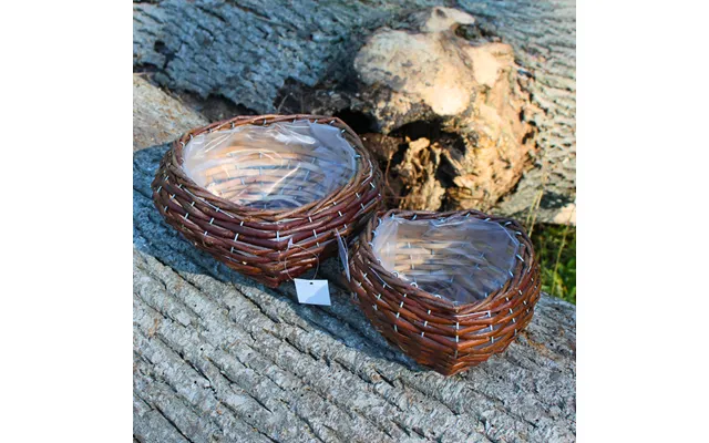 Hjerteformet Blomsterkurv I Brun Rattan Med Plastindlæg Sæt Á 2