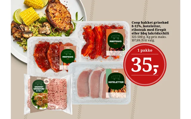 Coop Hakket Grisekød 8-12%, Koteletter, Ribsteak Med Firepit