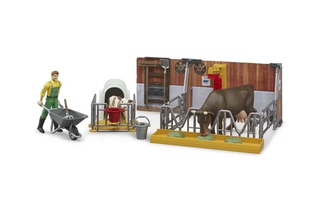 Bruder Bworld Cow And Calf Barn With Farmer Toy