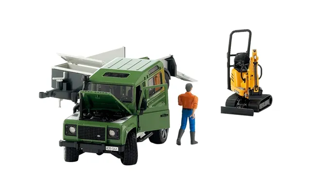 Bruder Land Rover Defender With Trailer - Jcb Excavator And Man Toy