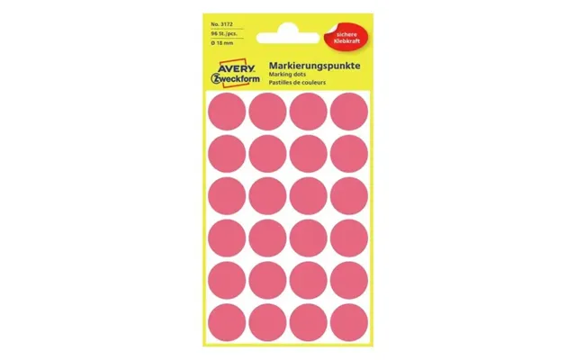 Etiket Avery Klar Rød Ø18 Mm - 4 Ark X 24 Stk.