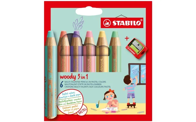 Stabilo Woody Pastel 3i1 Farveblyant - Med 6 Stk. Inkl. Spidser