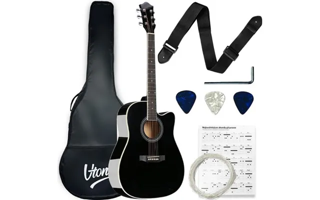 V-tone Ag Two Bk Akustisk Guitar 4 4 Sort Sæt Plektrum Stroplade Ekstra Strenge Etui Akkorder Toneartsnøgle