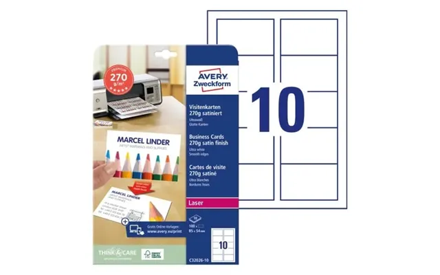 Visitkort Avery Quick&clean 54x85 Mm Mat Hvid 270 G M - 10 Ark X 10 Stk