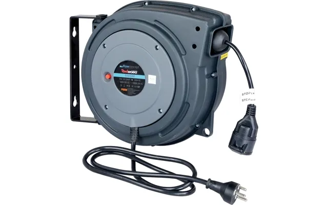 Flowconcept Aut. Kabelopruller Ip42 Grå 3 X1,5mm2 X 20m Kabel Danske Stik 1000 2000w 230v 10a
