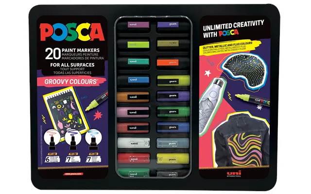 Posca Gift Metal Groovy Colours - Med 20 Stk. Ass. Farver I Tinæske