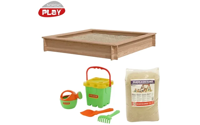 Sandkasse Lærk 150 X 150 Cm Med 240 Kg Sand Og Grønt Strandsæt Nordic Play 805-747