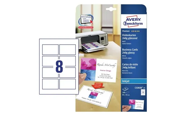 Visitkort Avery C32028-25 Hvid Blank 85x54 Mm Til Inkjetprinter 240g - 8 Stk