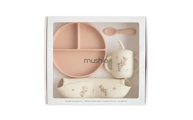 Mushie Spisesæt I Gaveæske - Pink Blomster