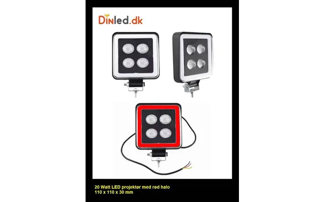 - Led Køretøjs Projektør 20 Watt 12-24v Med Rød Halo