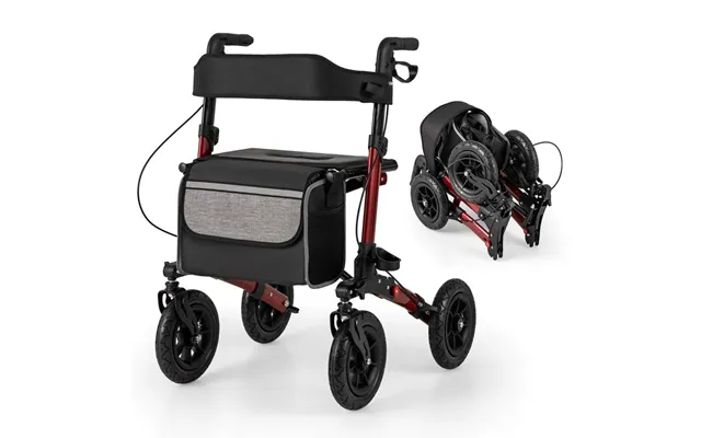 Sammenfoldelig Letvægtsrollator Med Luftdæk Og Sæde Rød