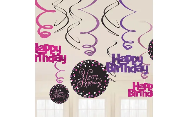 Happy Birthday Hænge Dekorationer 12 Stk. - Pink