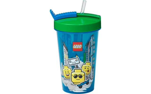 Lego Iconic Boy Kop Med Sugerør 500 Ml - Blå Og Grøn