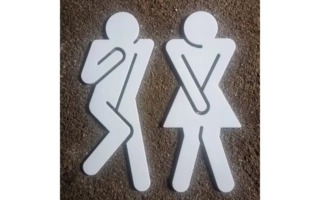 Skilt Til Toilet I Træ - Tissetrængende Mand Og Kvinde Akryl Hvid