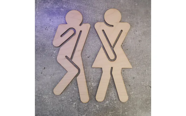 Skilt Til Toilet I Træ - Tissetrængende Mand Og Kvinde Træ Birk