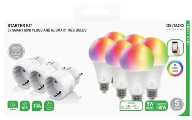 Deltaco Smart Home Starter Kit 3 Stk Smart Mini Plugs 6 Stk Smart Rgb Bulbs