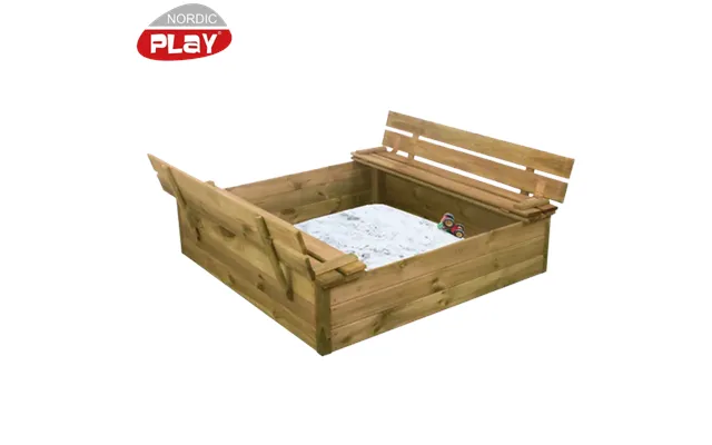 Sandkasse 120x120 Cm Med Vippelåg Og Bænk Og 240 Kg Certificeret Sand