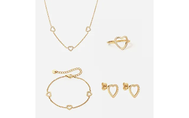 Heart Zirkon Trio Halskæde Armbånd Øreringe Ring 18k Guldbelagt 12mm