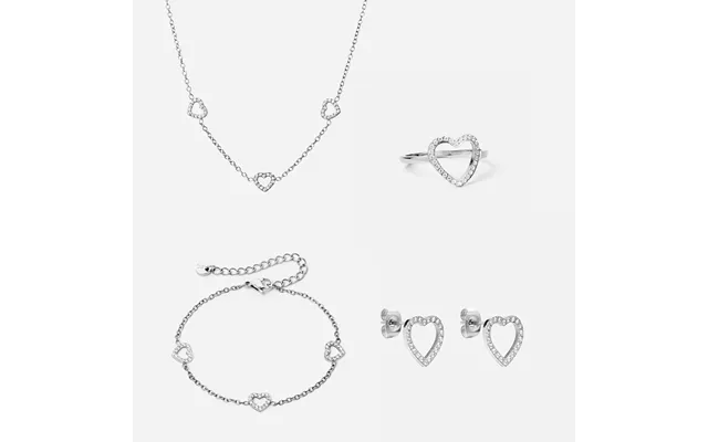 Heart Zirkon Trio Halskæde Armbånd Øreringe Ring Sølvfarvet 12mm