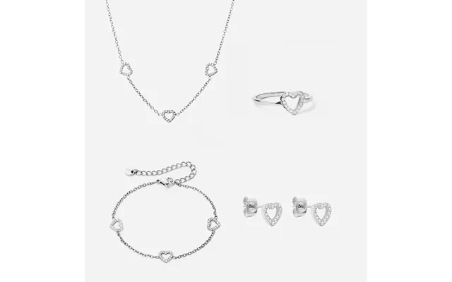 Heart Zirkon Trio Halskæde Armbånd Øreringe Ring Sølvfarvet 8mm