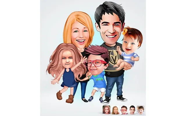 Familie Tema4 5 Personer - Karikaturtegning Efter Dine Fotos