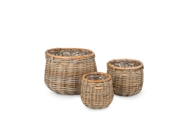 Rund Kurv M. Kant Af Rattan & Tyk Plastik - Sæt Á 3 Størrelser