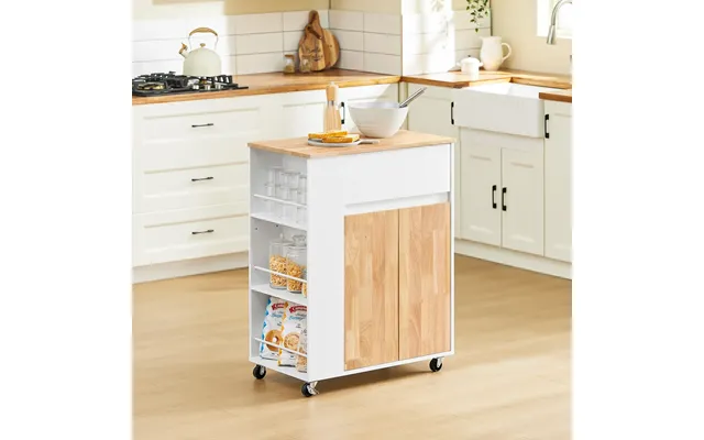 Køkkenvogn På Hjul Med Arbejdsflade I Gummitræ - Robust Og Stabil Køkkenmøbel, Hvid, Mål 70 X 40 X 90 Cm, Lastkapacitet 