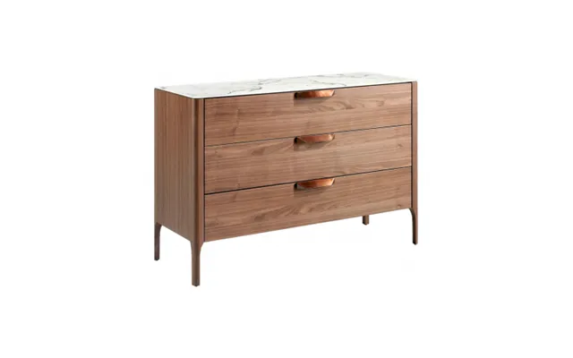 Kommode Med 3 Skuffer I Valnøddefinér Og Glas H80 X B120 X D45 Cm - Valnød Hvid Marmor