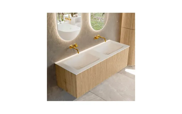Kurve Komplet Badmiljø I Egetræ Og Solid Surface Uden Hanehuller B131 Cm - Eg Talkum