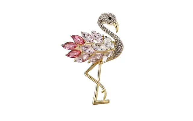 Broche - Flamingo I Guld Med Glitrende Sten I Lyserød Pink