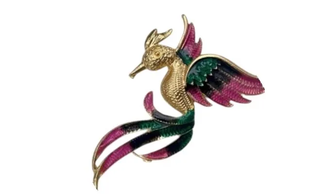 Broche - Fønix Med Guld Pink Grøn