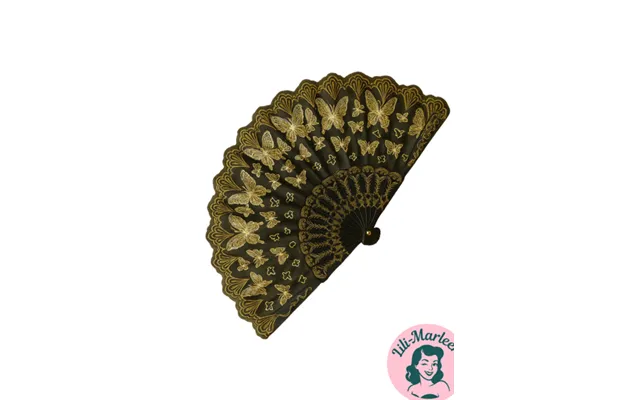 Elegant Sort Og Guld Vifte Vintage Glamour Med Sommerfuglemotiv