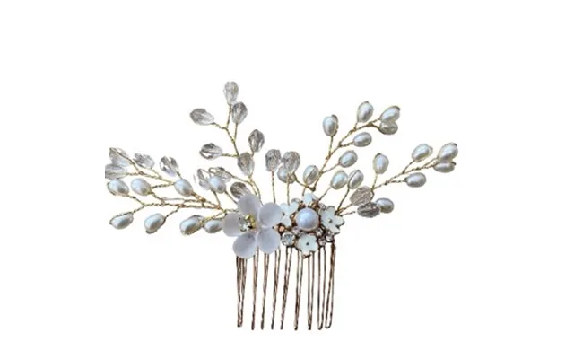 Hårkam Smuk Hårkam Hvid Guld Med Perler - Blomster Og Sten