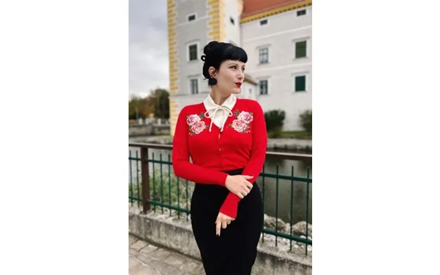 Rød Cardigan Med Broderede Roser - Miss Red Rosy