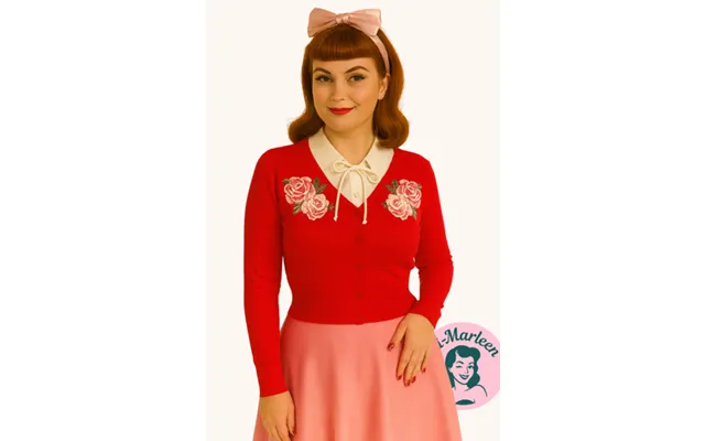 Rød Cardigan Med Broderede Roser - Miss Red Rosy