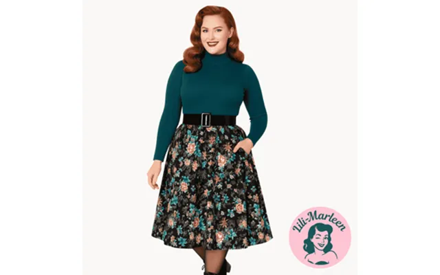 Swingnederdel Miss Celeste Vintageblomster I Sort Og Turkis
